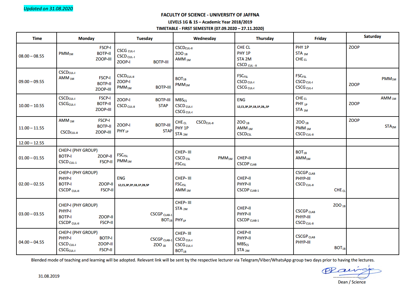 Lecture Timetables Faculty of Science