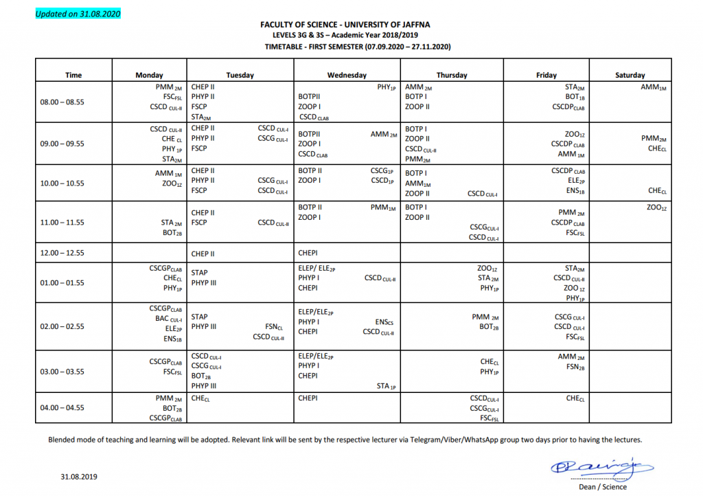 Lecture Timetables Faculty of Science